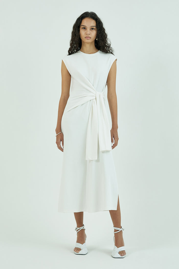 Goen.j French-sleeve Knotted Detail Cotton-jersey Midi Dress