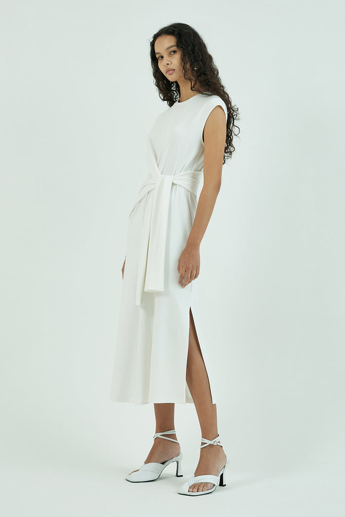 Goen.j French-sleeve Knotted Detail Cotton-jersey Midi Dress