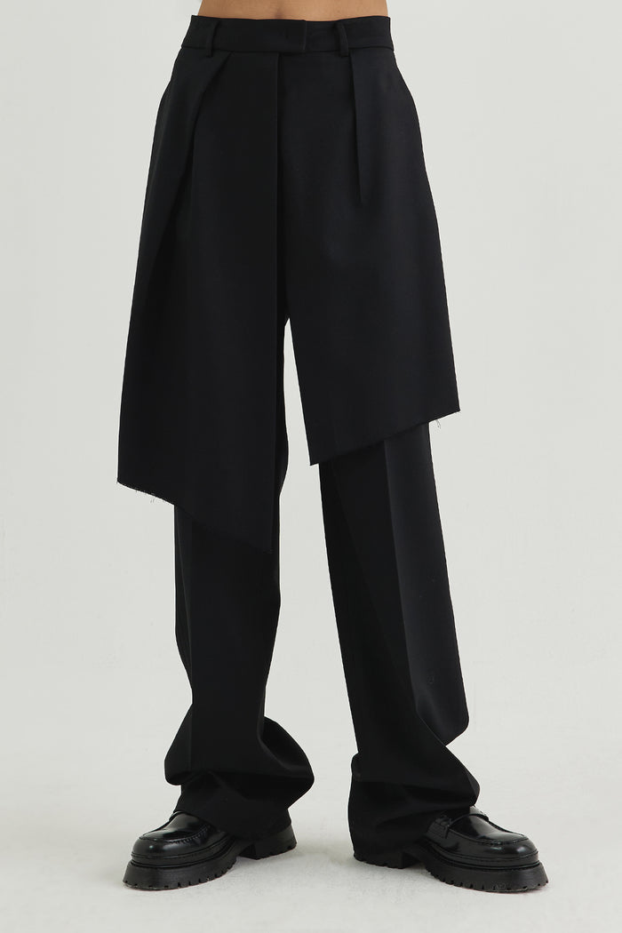 Goen.j Front Layered Wrap Shorts Paneled Wool Pants BLACK