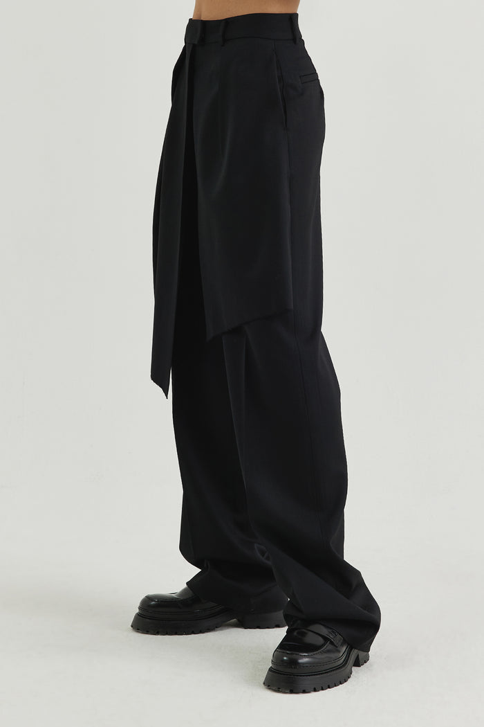 Goen.j Front Layered Wrap Shorts Paneled Wool Pants BLACK