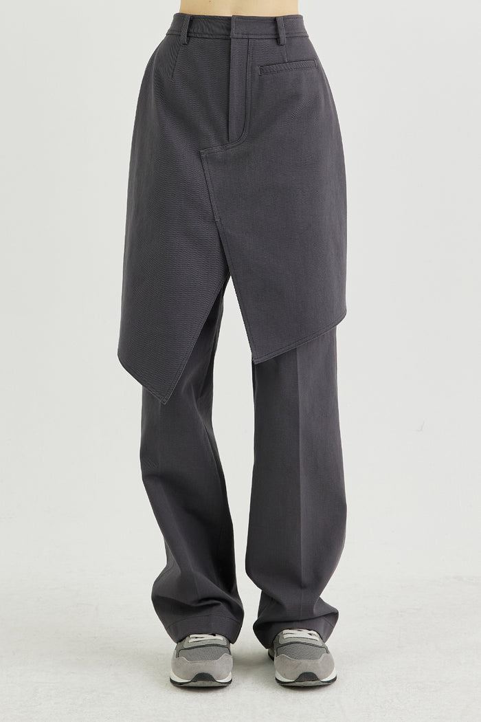 Goen.j Front Layered Wrap Skirt Paneled Cotton-twill Straight-leg Pants CHARCOAL