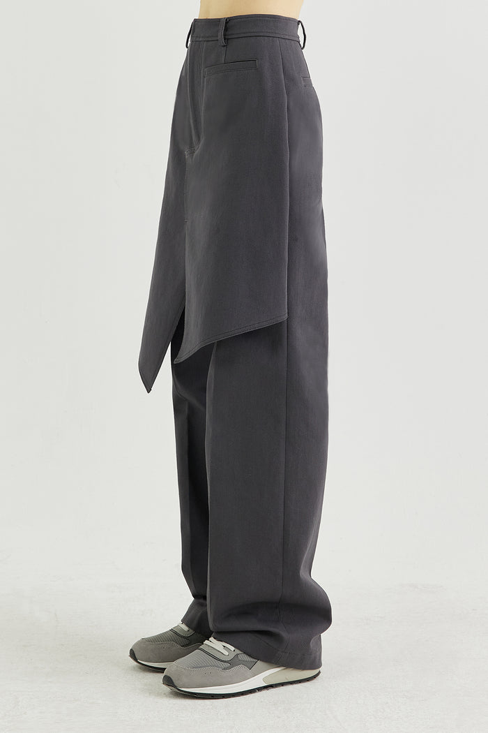 Goen.j Front Layered Wrap Skirt Paneled Cotton-twill Straight-leg Pants CHARCOAL