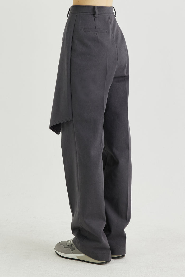 Goen.j Front Layered Wrap Skirt Paneled Cotton-twill Straight-leg Pants CHARCOAL