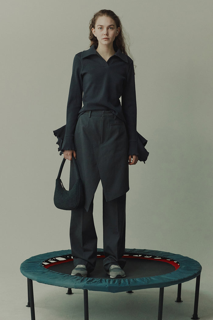 goen.j Front layered wrap skirt paneled cotton-twill straight-leg pants CHARCOAL