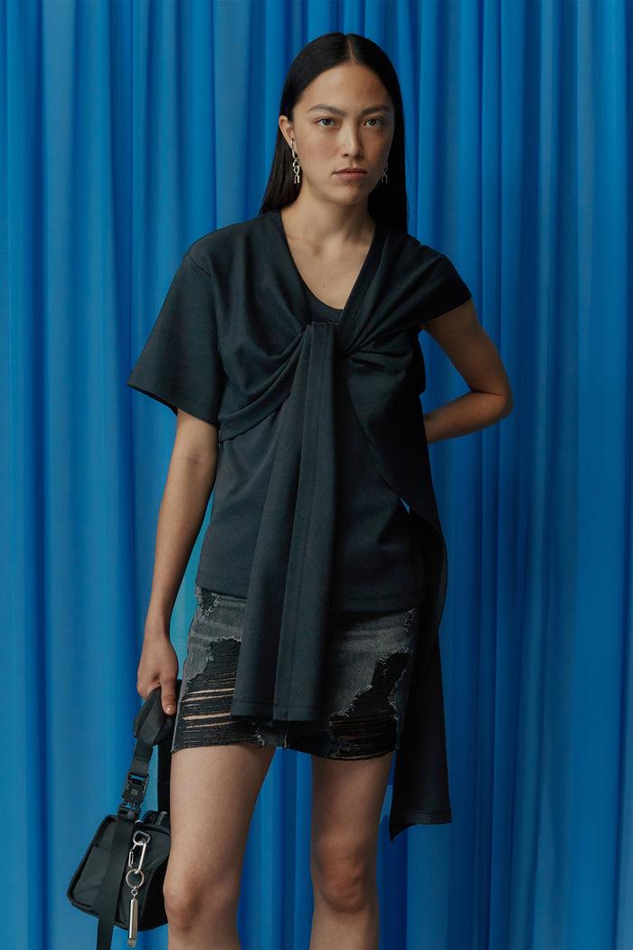 goen.j Asymmetric draped cotton-jersey top BLACK