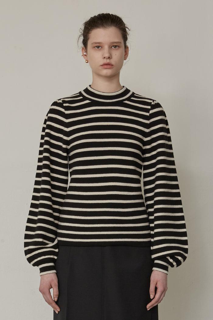 Goen.j Ballon Sleeve Striped Wool Sweater BLACK