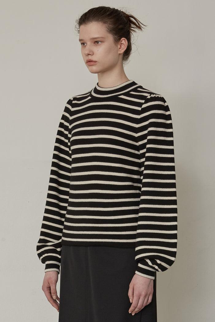 Goen.j Ballon Sleeve Striped Wool Sweater BLACK