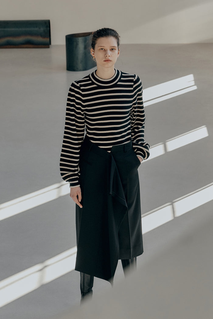 goen.j Ballon sleeve striped wool sweater BLACK