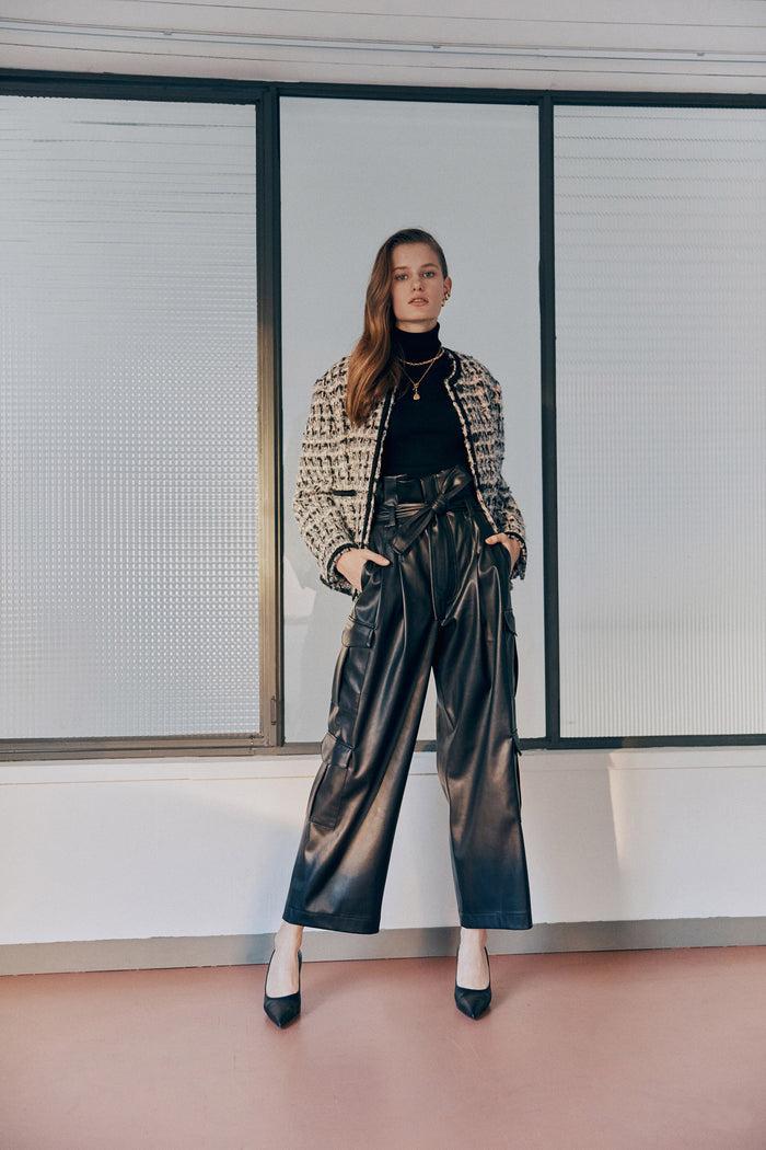 goen.j Belted faux-leather paperbag pants BLACK