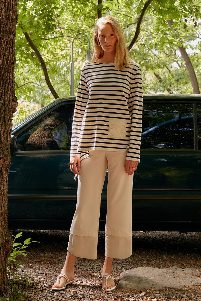 goen.j Cotton trimmed layered cropped pants CREAM