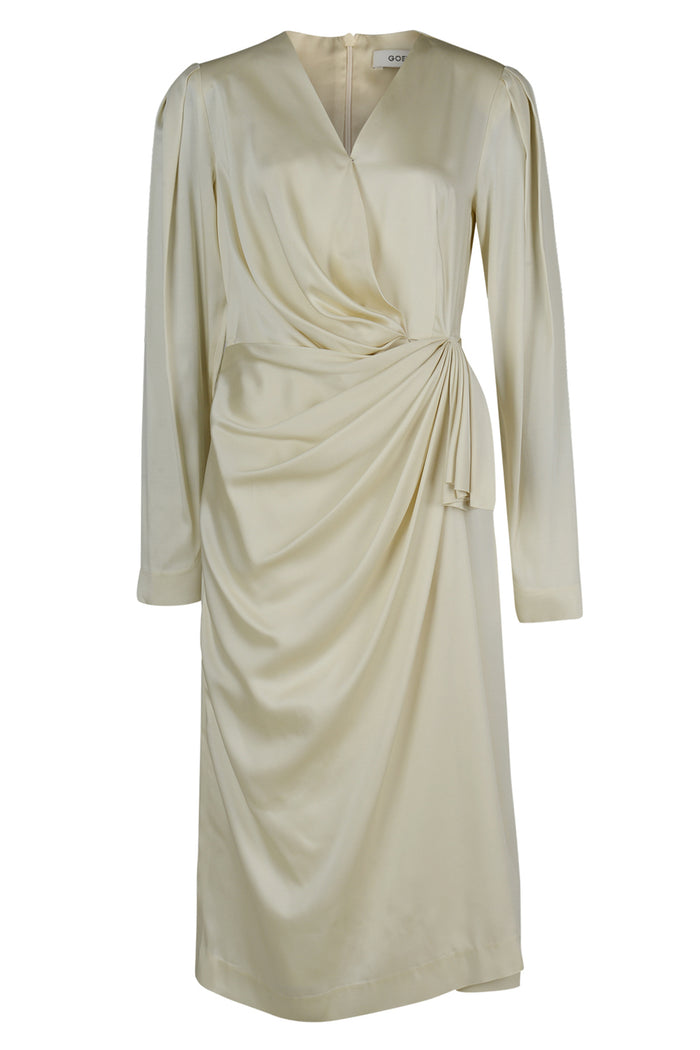 Goen.j Crepe Draped Wrap Satin Dress CREAM