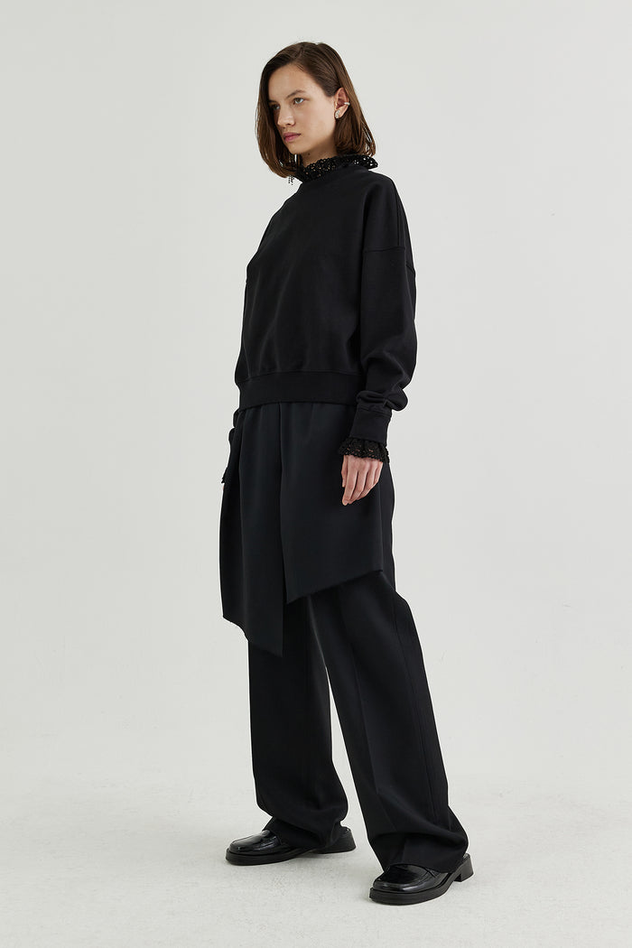 Goen.j Crochet Trimmed Cotton Jersey Top BLACK