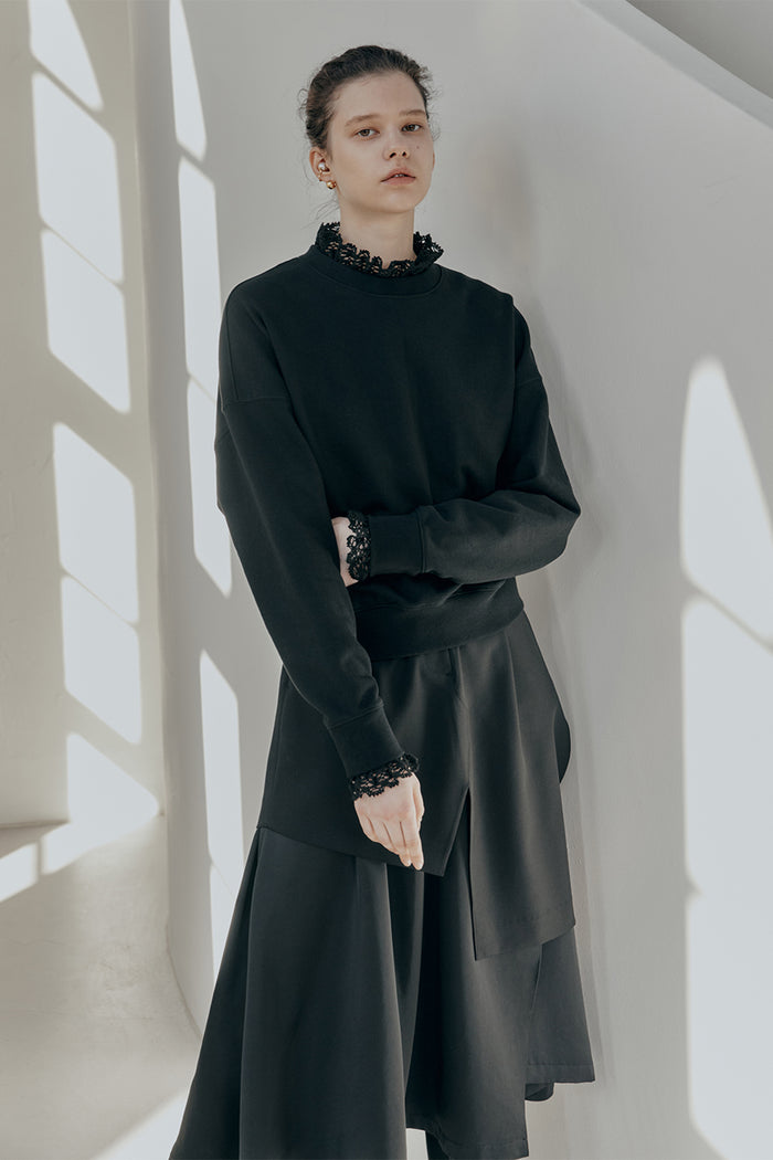 goen.j Crochet trimmed cotton-jersey top BLACK