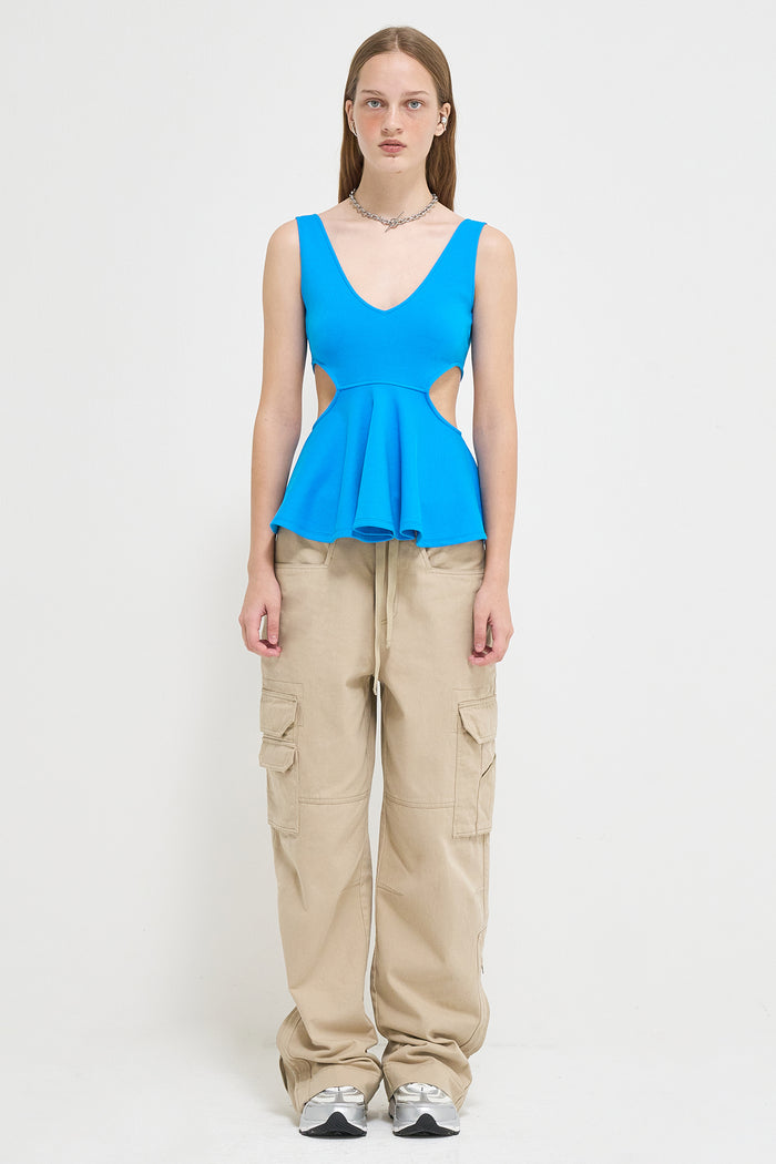 Goen.j Cut-out Ruffled Cotton-jersey Tank Top BLUE