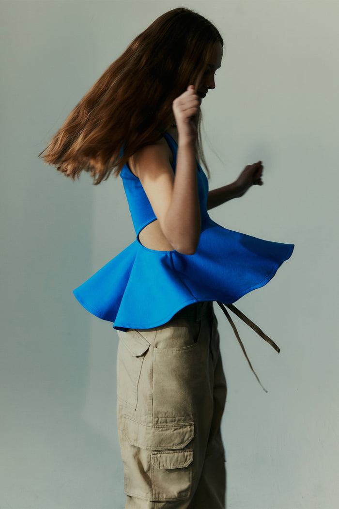 goen.j Cut-out ruffled cotton-jersey tank top BLUE