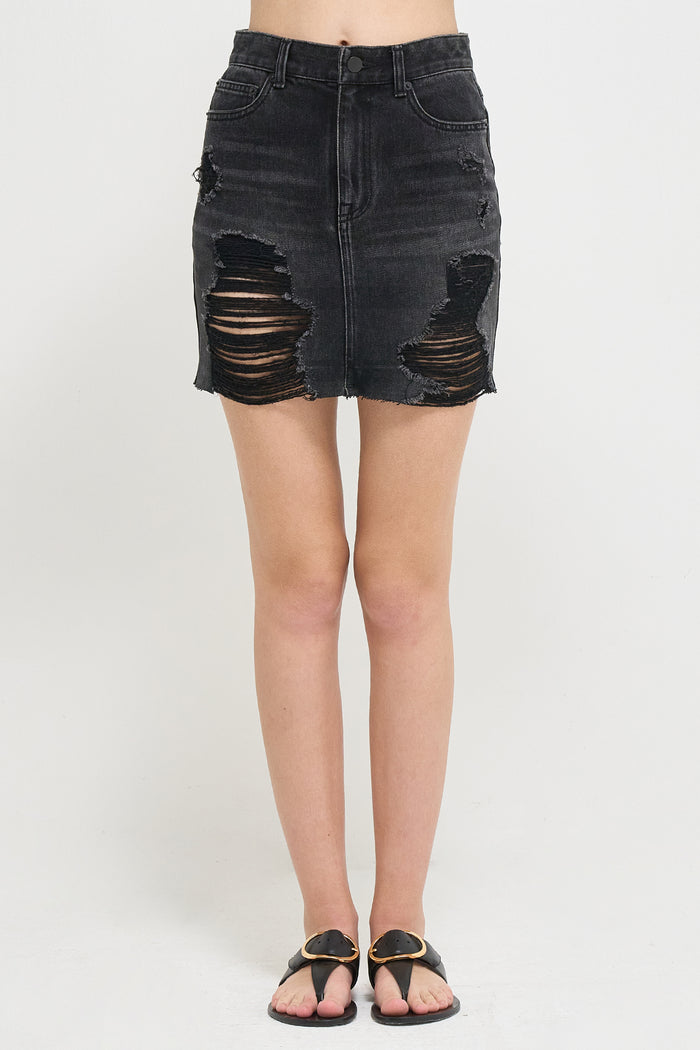 Goen.j Distressed Denim Mini Skirt BLACK