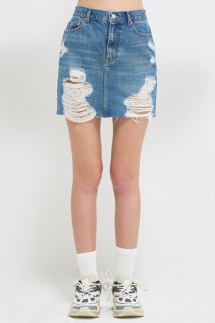 Goen.j Distressed Denim Mini Skirt BLUE