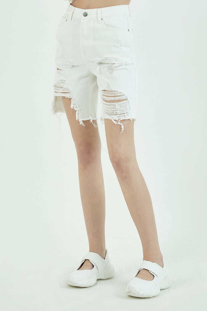 Goen.j Distressed Straight-leg Denim Shorts WHITE