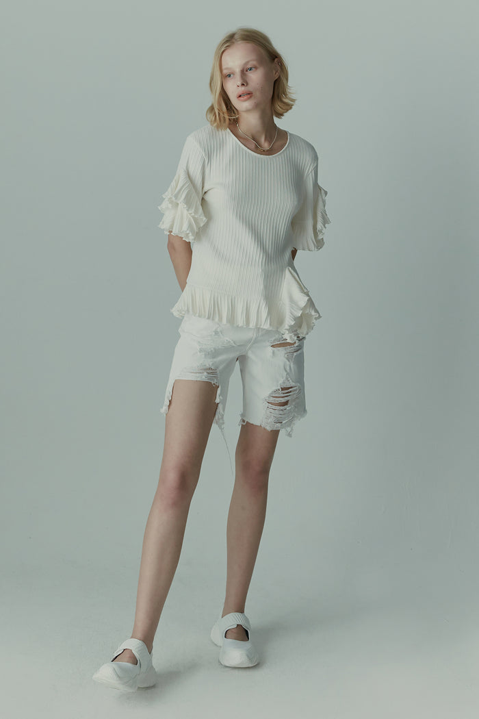 goen.j Distressed straight-leg denim shorts WHITE