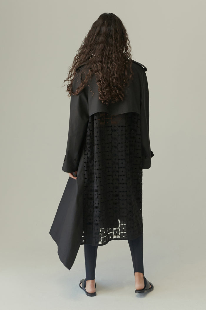 Goen.j Double-breasted Lace-paneled Trench Coat