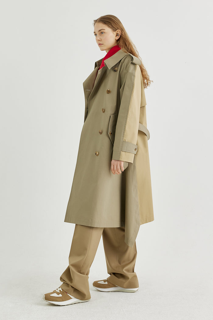 Goen.j Double-breasted Two-tone Trench Coat BEIGE