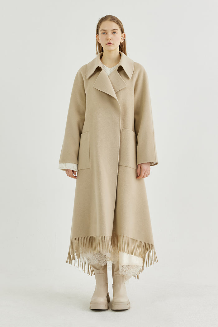 Goen.j Double-faced Wool Blend Fringed Coat BEIGE