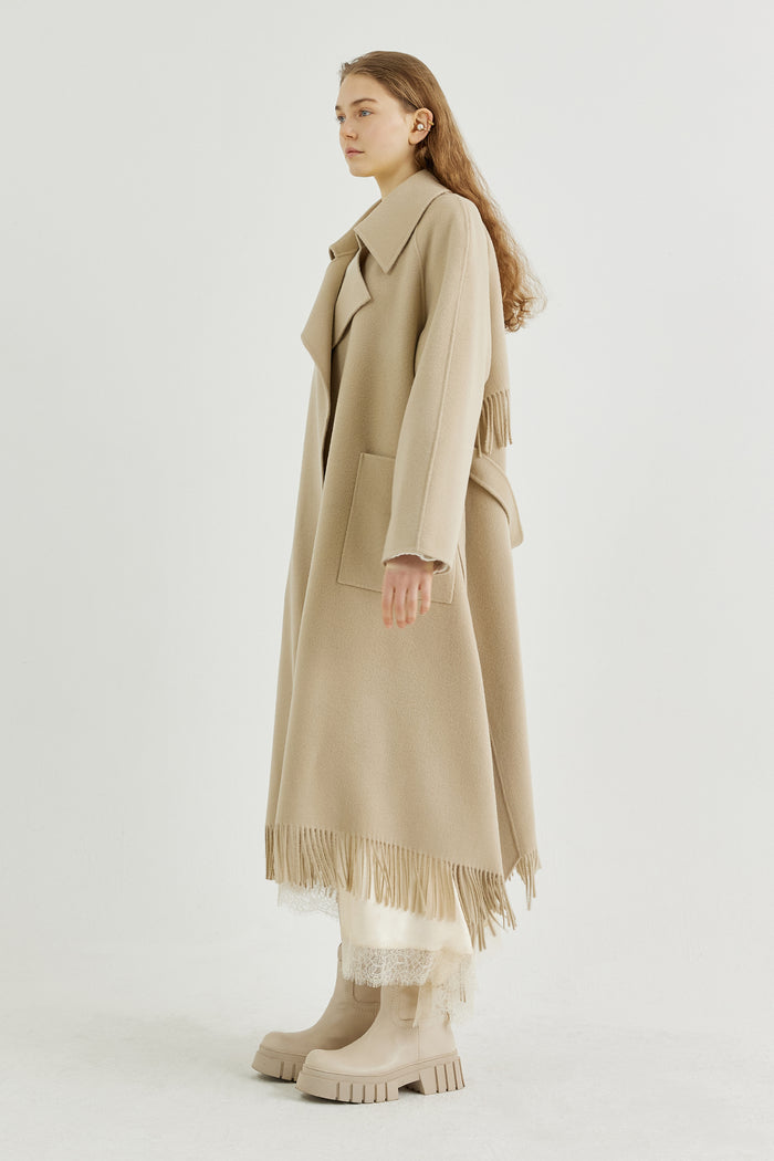 Goen.j Double-faced Wool Blend Fringed Coat BEIGE