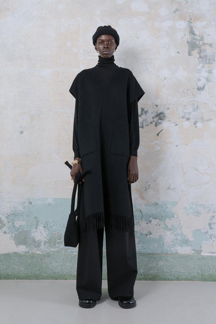Goen.j Double-faced Wool-blend Fringed Dress BLACK