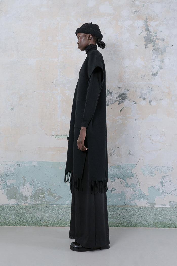Goen.j Double-faced Wool-blend Fringed Dress BLACK