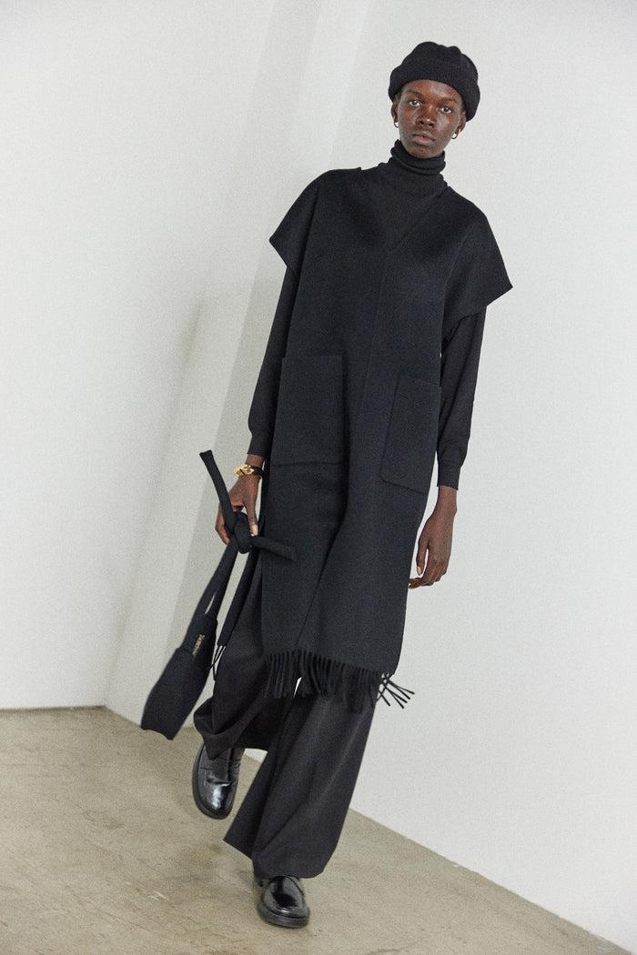 goen.j Double-faced wool-blend fringed dress BLACK