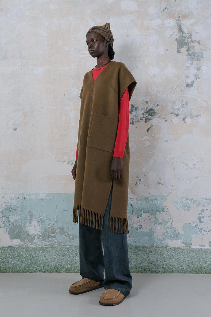 Goen.j Double-faced Wool-blend Fringed Dress BROWN