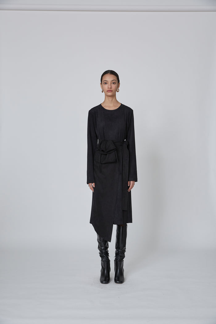 Goen.j Faux Suede Wrap Dress BLACK