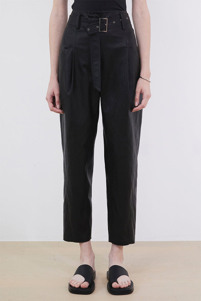 Goen.j High-rise Belted Vegan Leather Pants BLACK