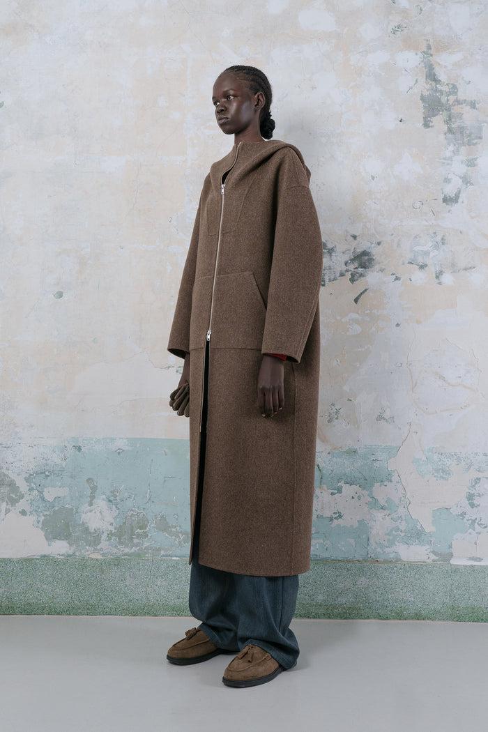 Goen.j Hooded Double-faced Wool Zip-up Coat BROWN