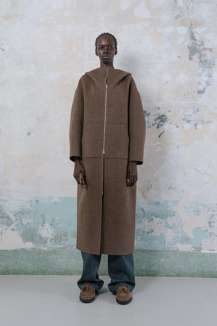 goen.j Hooded double-faced wool zip-up coat BROWN