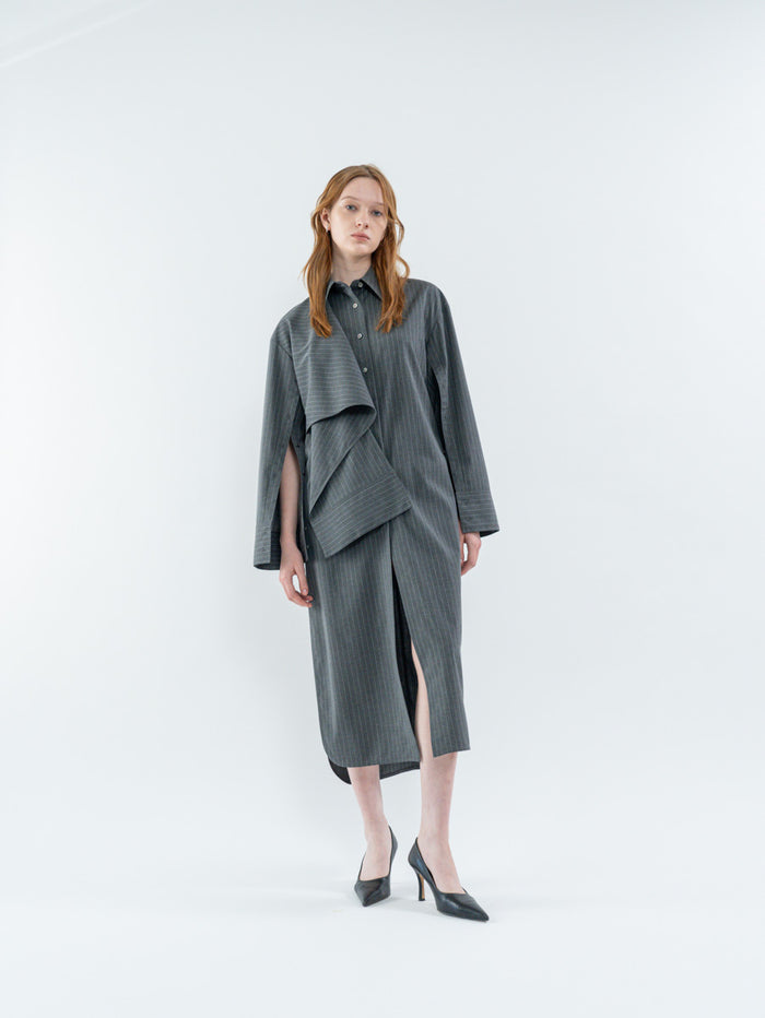 Goen.j Knot Detailed Pin-Striped Dress CHARCOAL