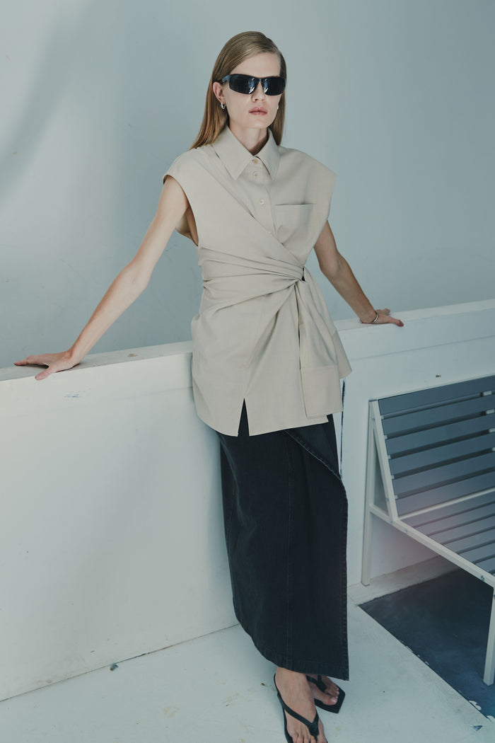 Goen.j Knotted Detail Stretch Shirt Dress BEIGE