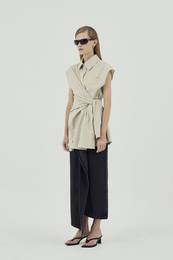 Goen.j Knotted Detail Stretch Shirt Dress BEIGE