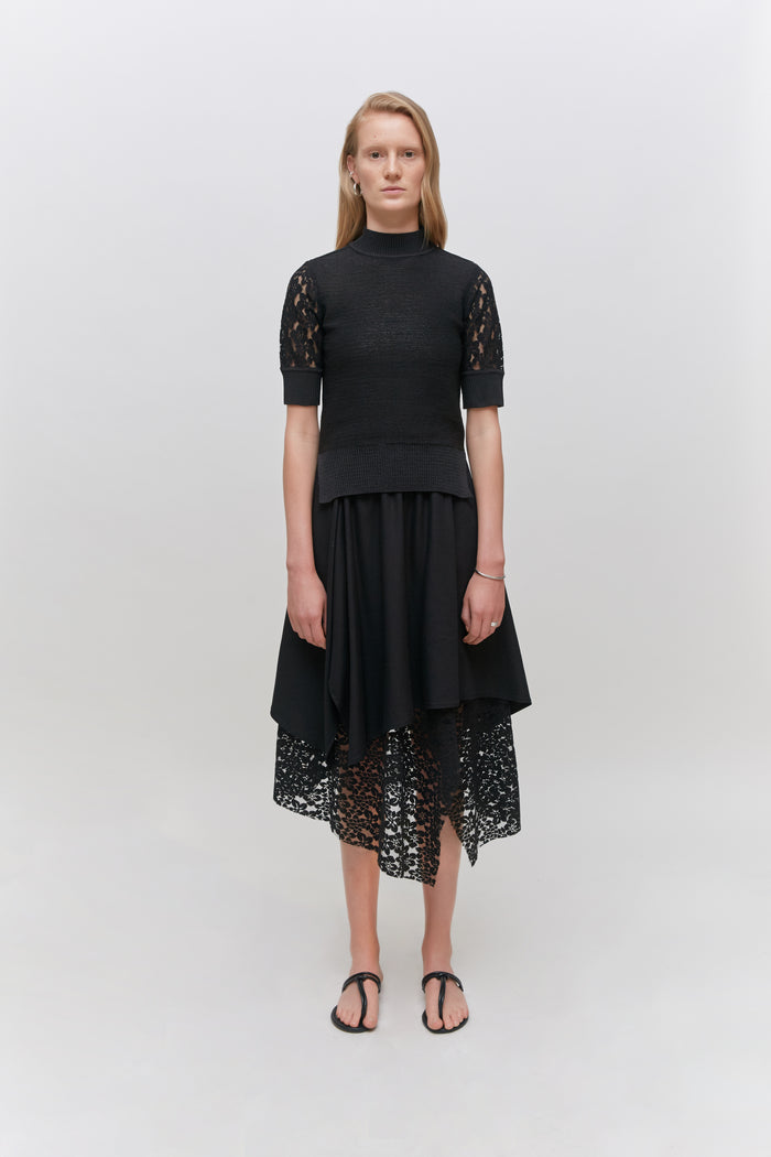 Goen.j Lace Embroidered Crochet Knit Top BLACK