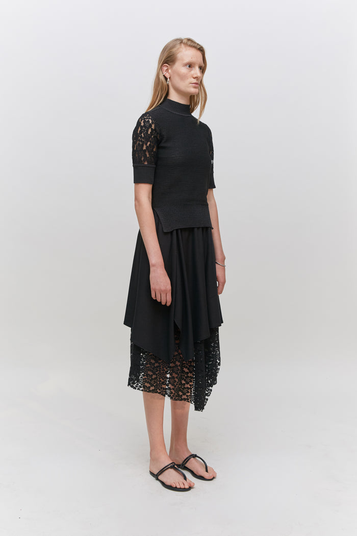 Goen.j Lace Embroidered Crochet Knit Top BLACK