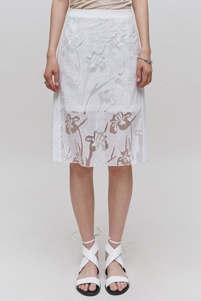 Goen.j Lace Embroidered Mesh Pencil Skirt IVORY