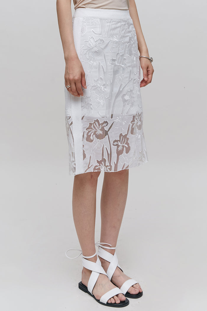 Goen.j Lace Embroidered Mesh Pencil Skirt IVORY