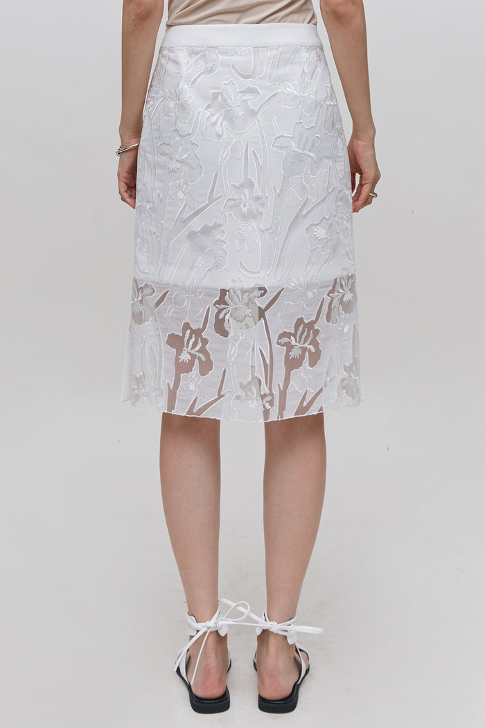 Goen.j Lace Embroidered Mesh Pencil Skirt IVORY