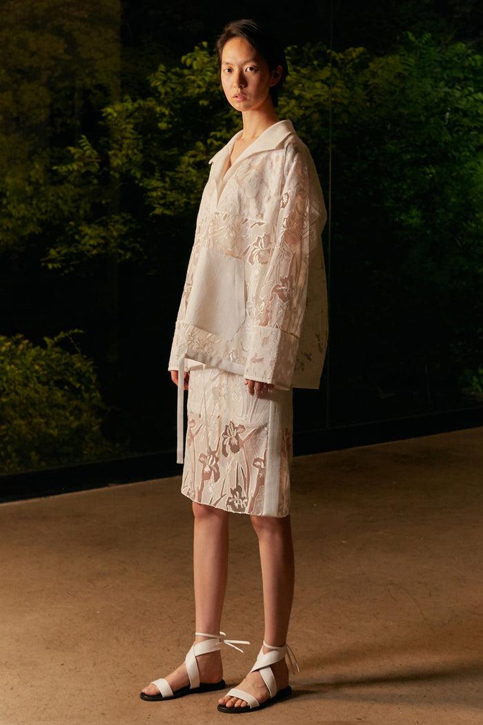 goen.j Lace embroidered mesh pencil skirt IVORY