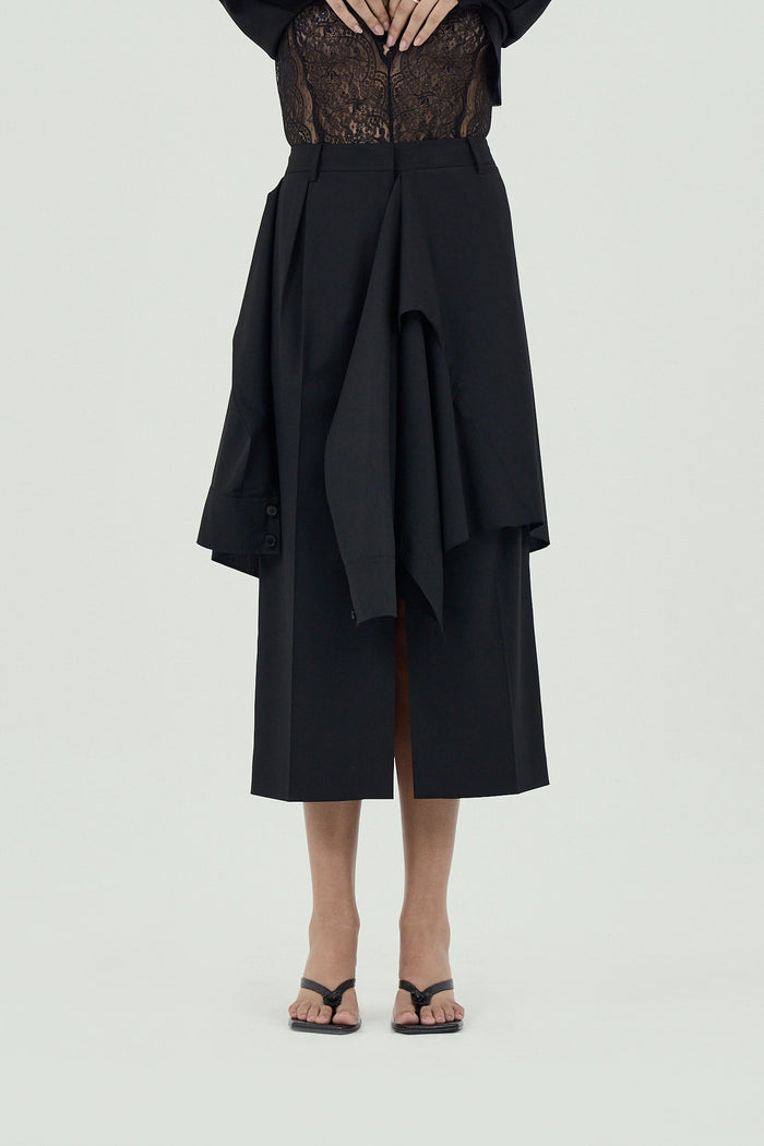 Goen.j Layered Shirt Raw-edge Cut Midi Skirt BLACK