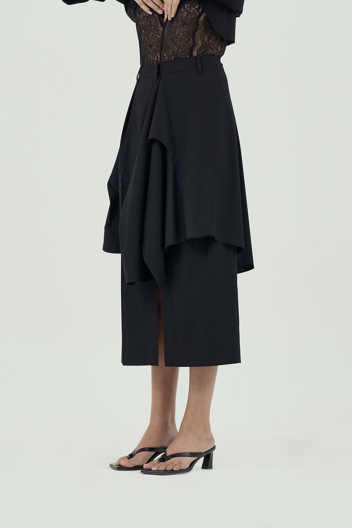 Goen.j Layered Shirt Raw-edge Cut Midi Skirt BLACK