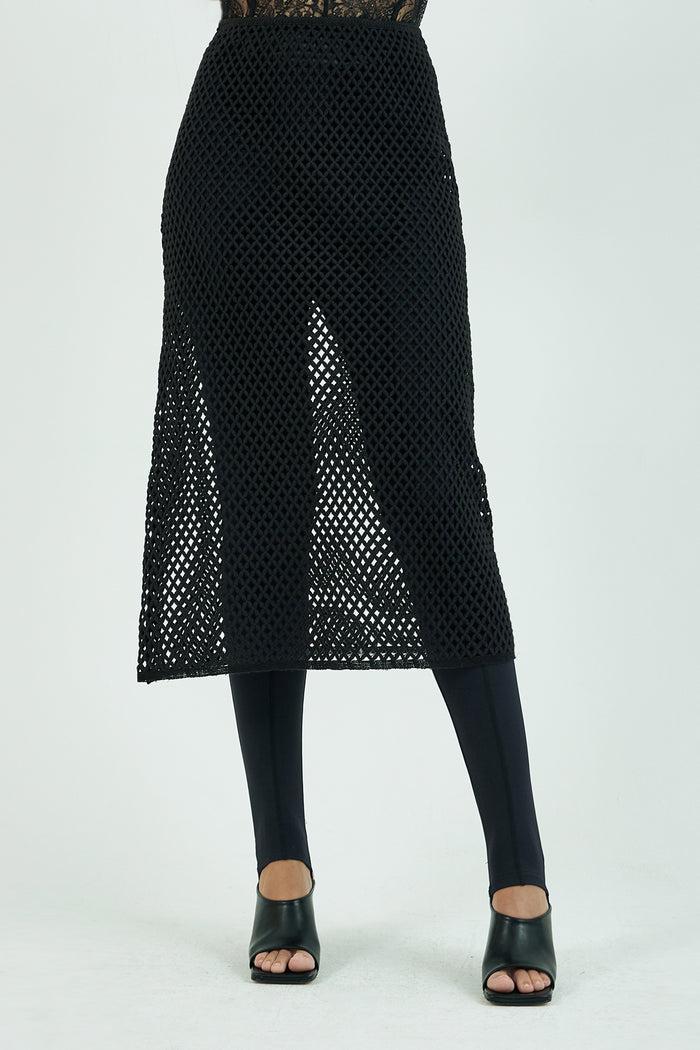 Goen.j Macramé Cotton Lace A-line Midi Skirt BLACK