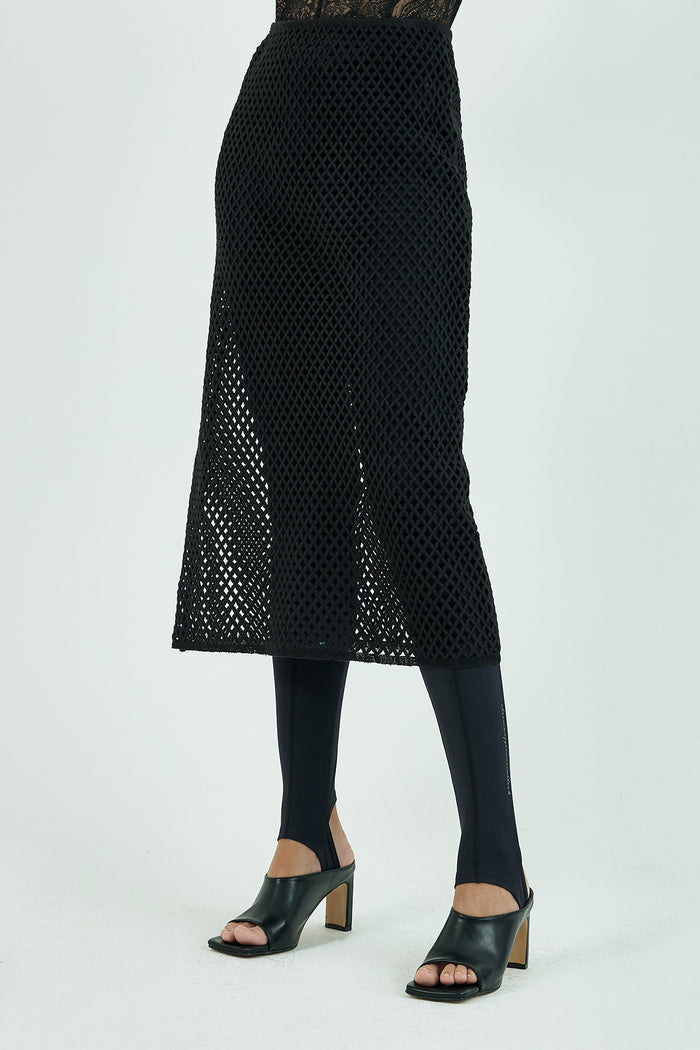 Goen.j Macramé Cotton Lace A-line Midi Skirt BLACK