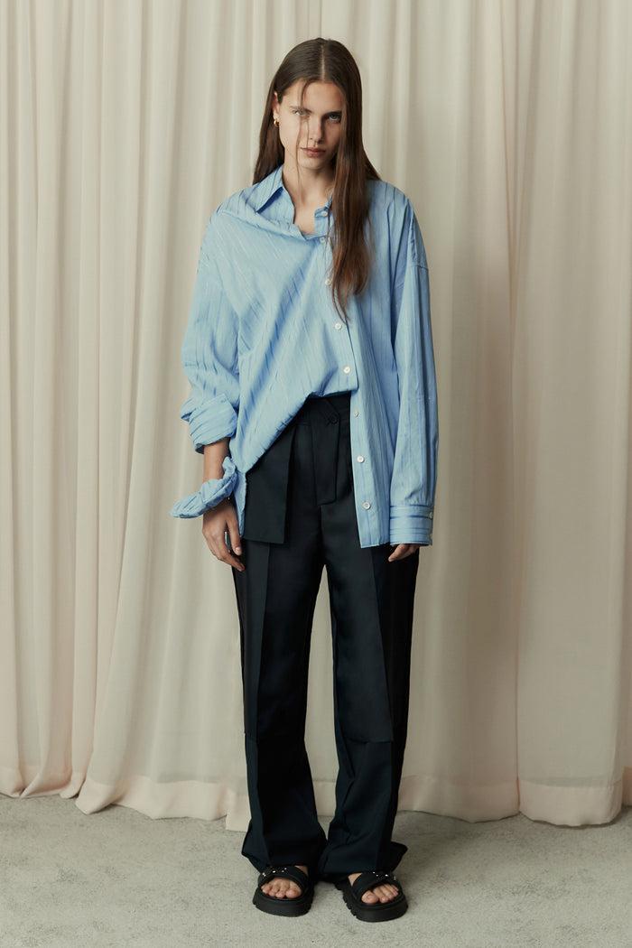 goen.j Oversized metallic striped shirt BLUE