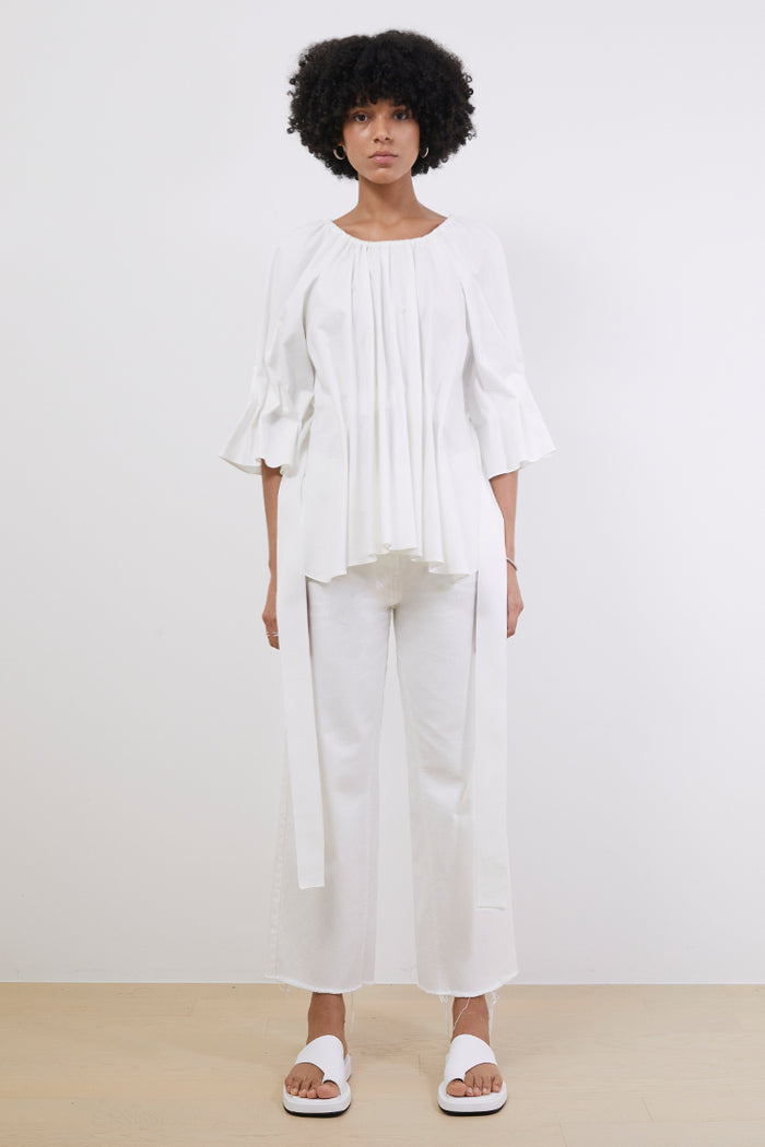 Goen.j Pleated Cotton-blend Peplum Top IVORY